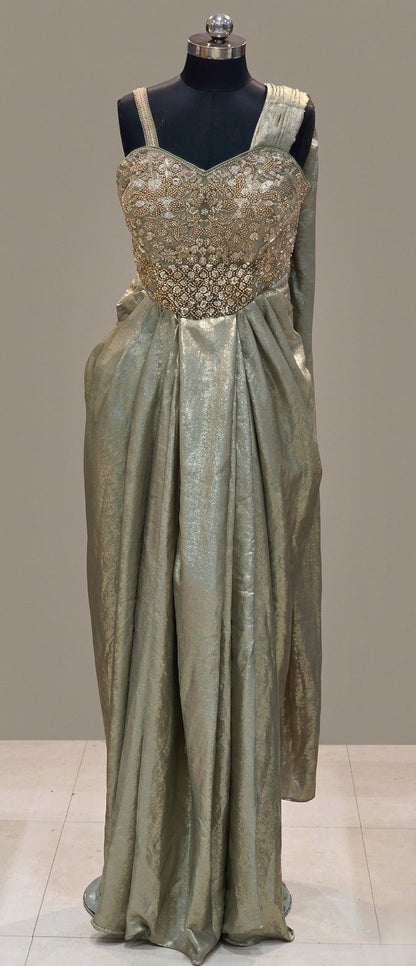 Gold Tissue Silk Pre-Draped Saree Dress