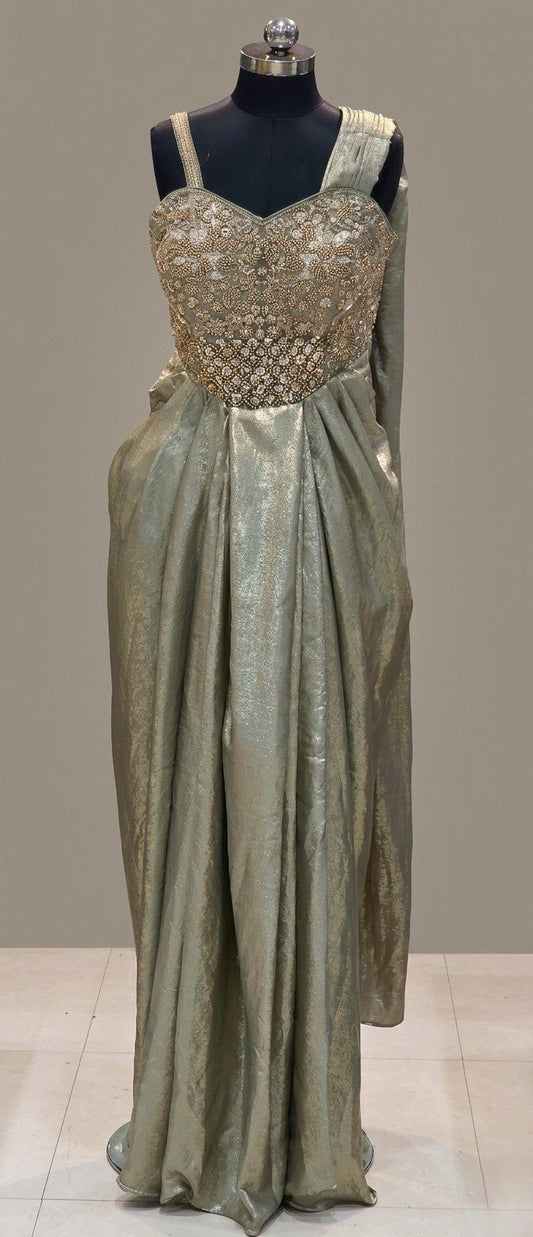 Gold Tissue Silk Pre-Draped Saree Dress