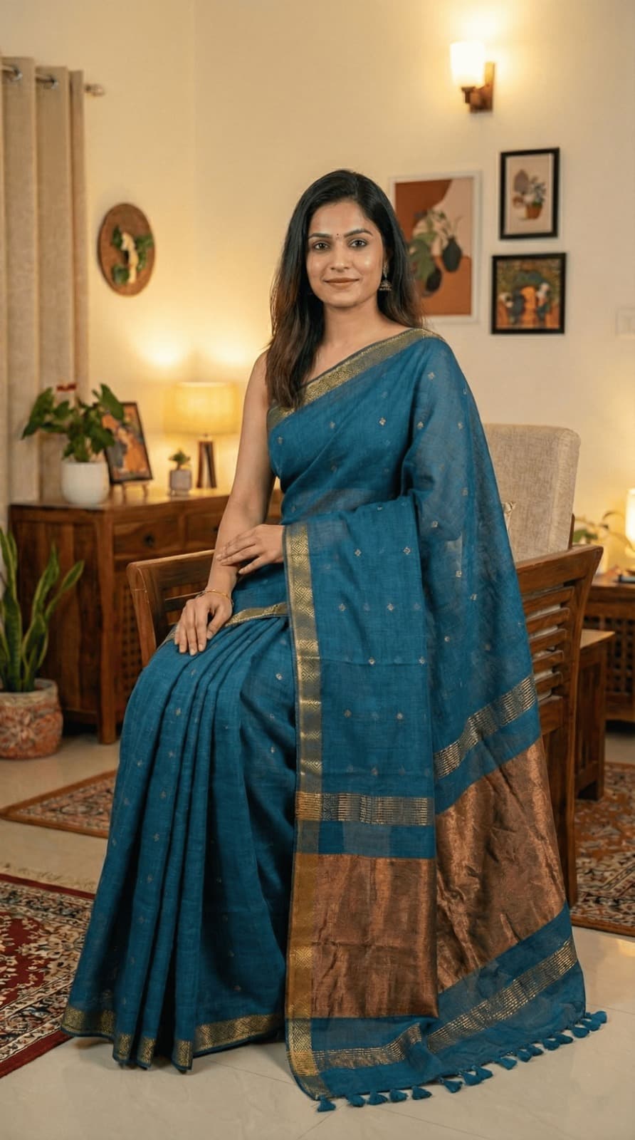 Pure cotton teal blue saree featuring intricate copper butti design, rich copper zari pallu, and classic golden border.