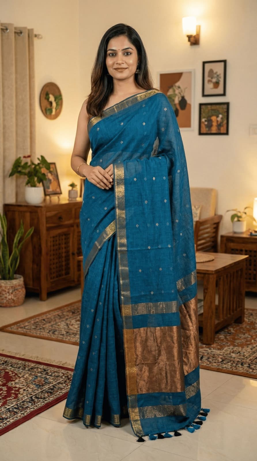 Teal blue pure cotton saree with all-over copper butti work, copper zari pallu, and refined golden border for elegant ethnic wear.