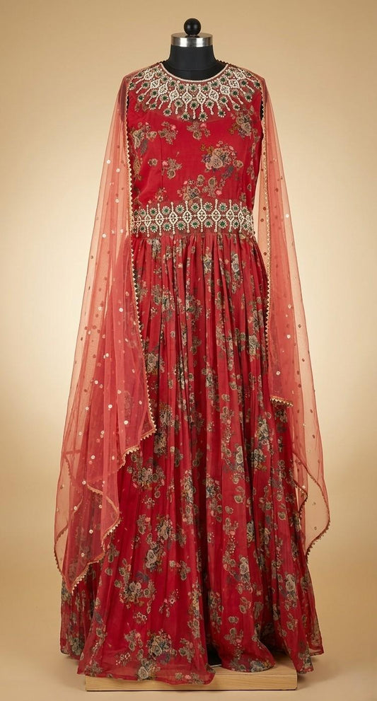 Deep Crimson Red Floral Anarkali Dress with Embroidery & Dupatta