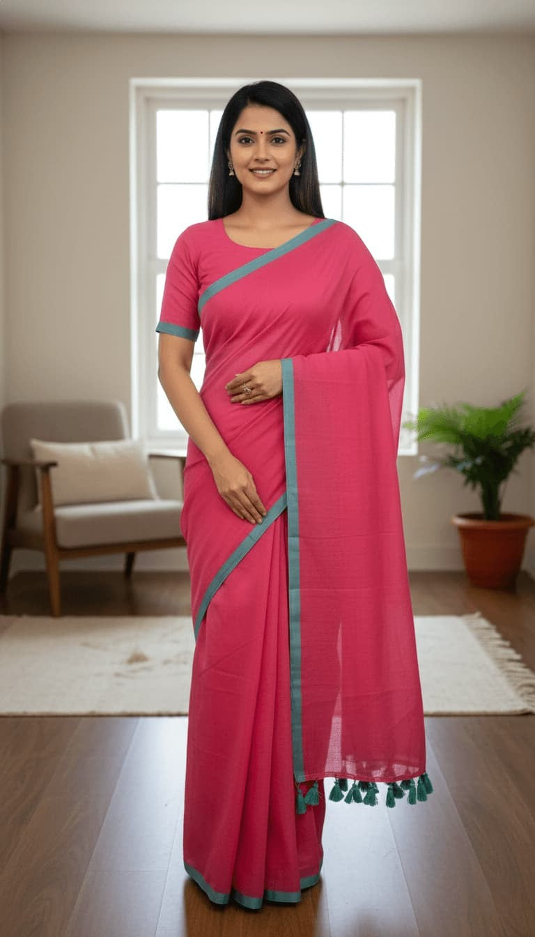 Soft mulmul cotton saree in deep pink with teal green border
