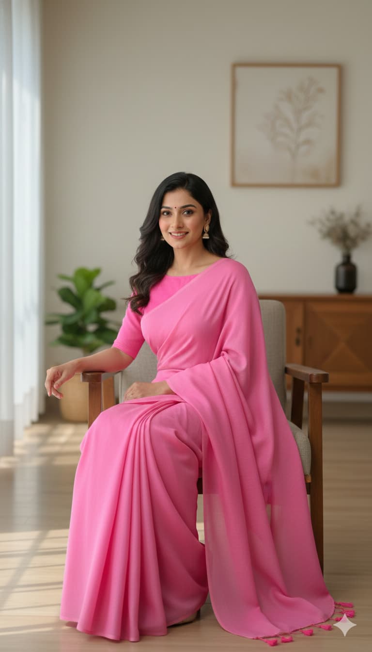 Elegant bright pink cotton saree featuring tassels and simple borders, perfect for professional styling.