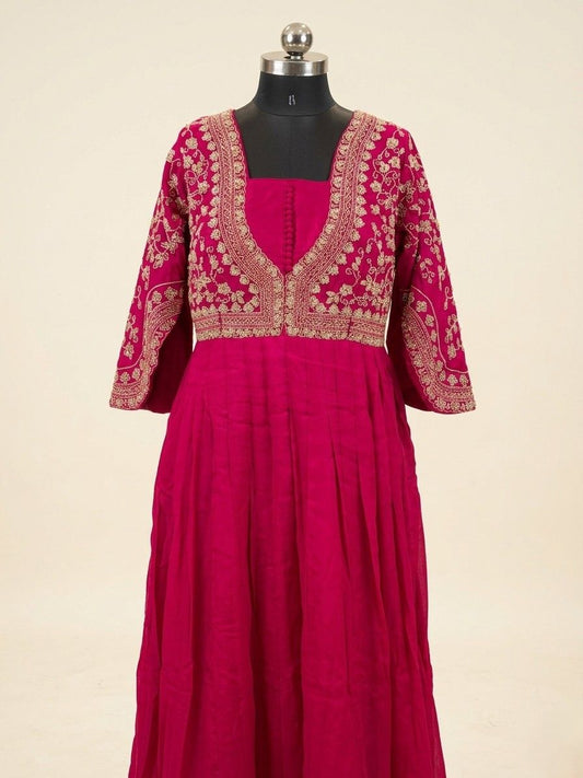 Deep Rani Pink Anarkali Dress with Zari Embroidery & Sequin Work