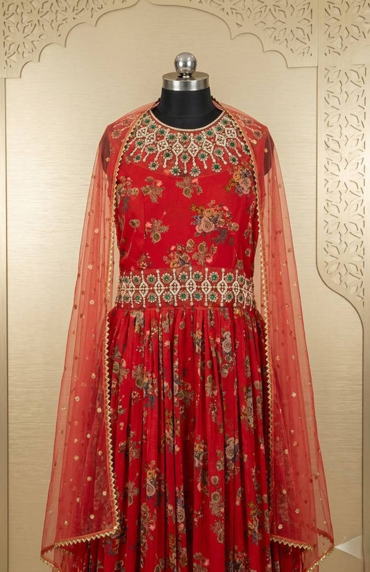 Deep Crimson Red Floral Anarkali Dress with Embroidery & Dupatta
