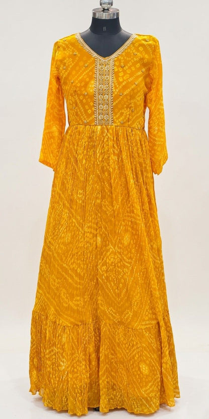 Yellow georgette Anarkali with sequin work and tiered flare skirt