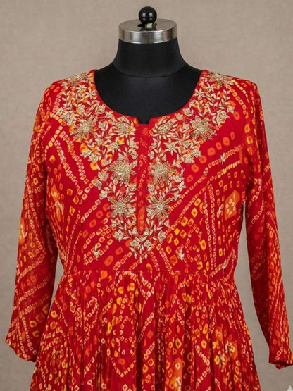 Bandhani  Anarkali Dress in yellow red colour
