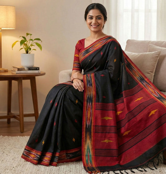 Black cotton saree with small triangle butti pattern, Ikat border weaving, contrast pallu styling and tassel detailing