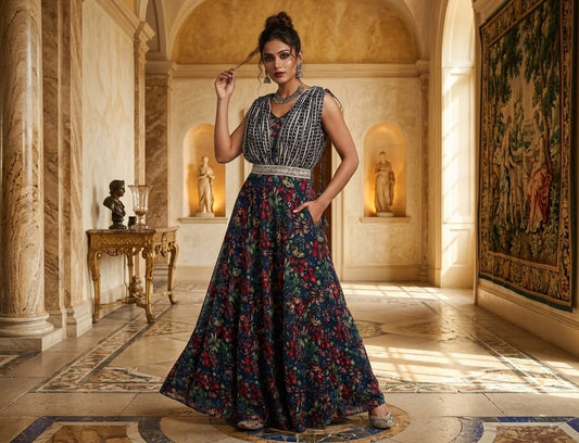 Navy Blue Floral Printed Maxi Dress with Draped Cape Overlay