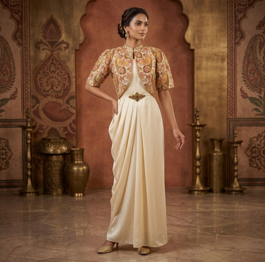 Festive Indo-western gown with embroidered overlay jacket