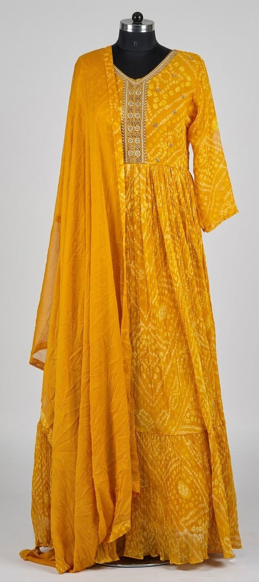 Mustard yellow tie-dye Anarkali dress with embroidered V-neck and dupatta