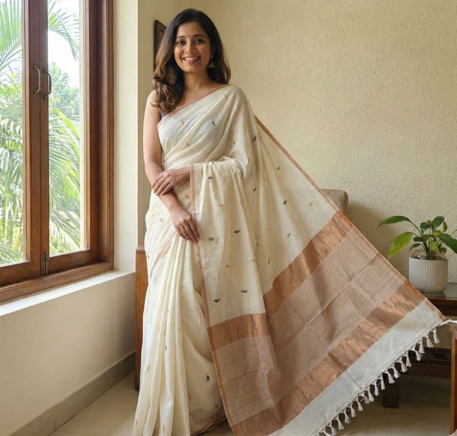 White pure cotton saree featuring colourful triangle butti weaving, copper zari pallu and minimal golden border with tassels