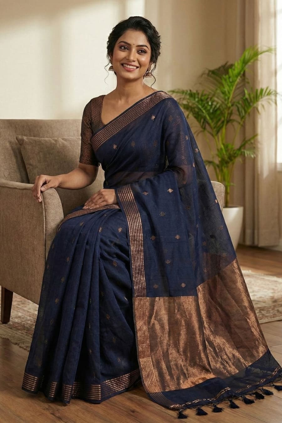 Indigo blue cotton saree featuring butti weaving throughout, copper zari pallu detailing and golden border with tassels perfect for casual gatherings