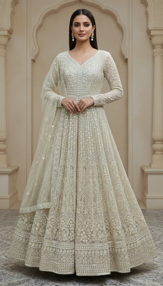  ivory Anarkali crafted in delicate net fabric and adorned with intricate hand embroidery. Designed with a flattering V-neckline and a fitted bodice, the silhouette flows into a beautifully flared floor-length hem, creating an effortlessly regal look. 