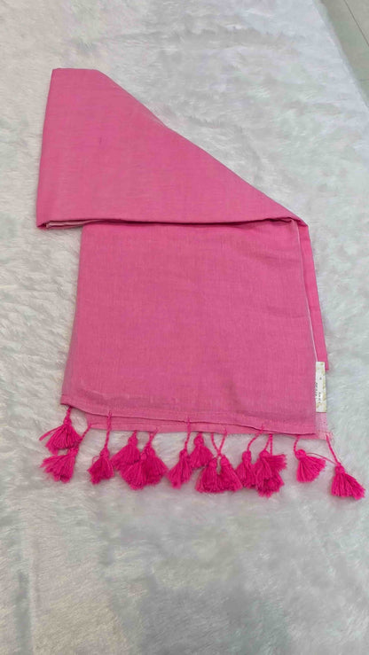 Minimal design bright pink cotton saree with tassels and self-blouse, perfect for office and casual wear.