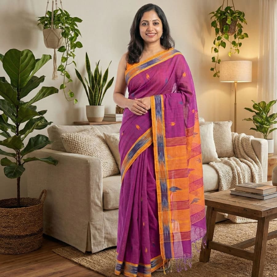 This is a beautiful magenta cloiour cotton saree with overall buties and elegant ikat border weaving paired with beautiful contrast pallu. Ideal for gatherings, daily wear , office wear, family functions and festivals.