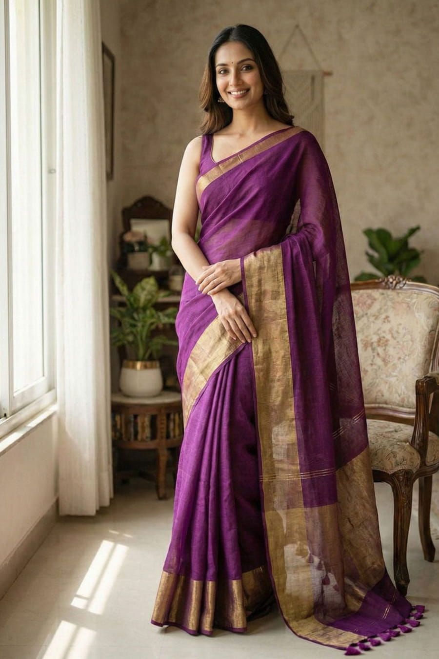 elegant cotton saree with a plain body, minimal golden border, and copper zari pallu. Soft, breathable, and lightweight—perfect for daily, office, and casual wear.