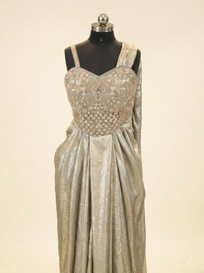 Metallic Gold Embroidered Saree Gown