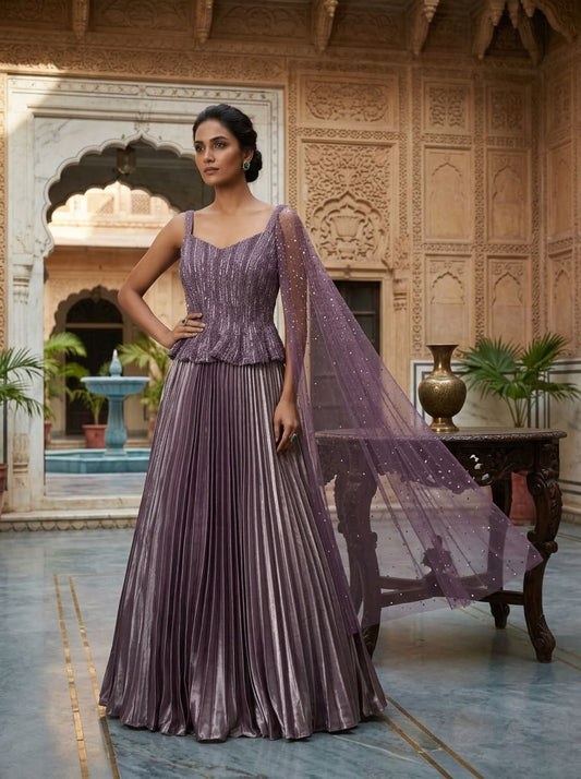 Shimmering smoky purple designer gown with sequin embroidery