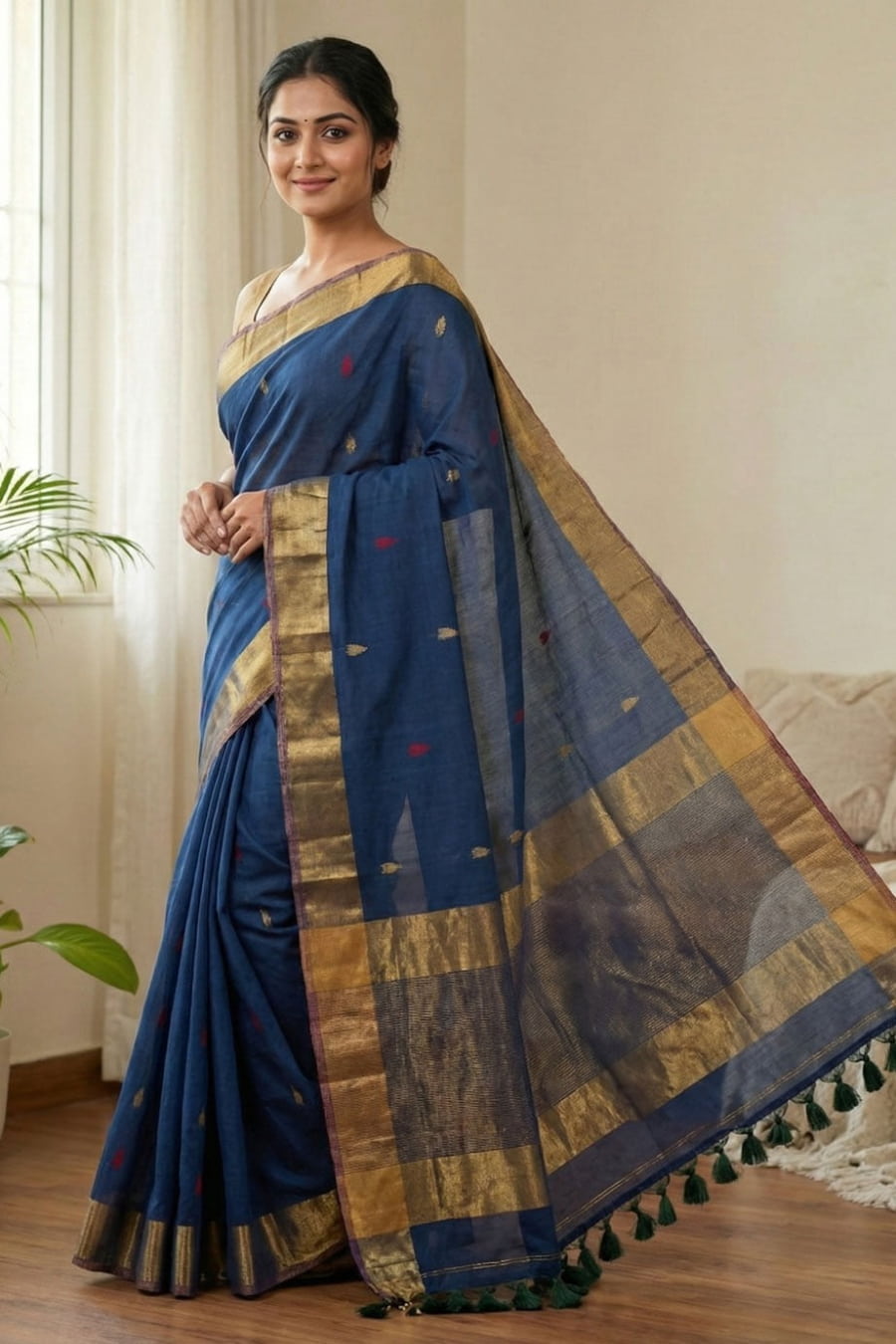Navy blue cotton saree with small colourful triangle butties, copper zari pallu weaving and minimal golden border with tassels.For office wear and daily wear .