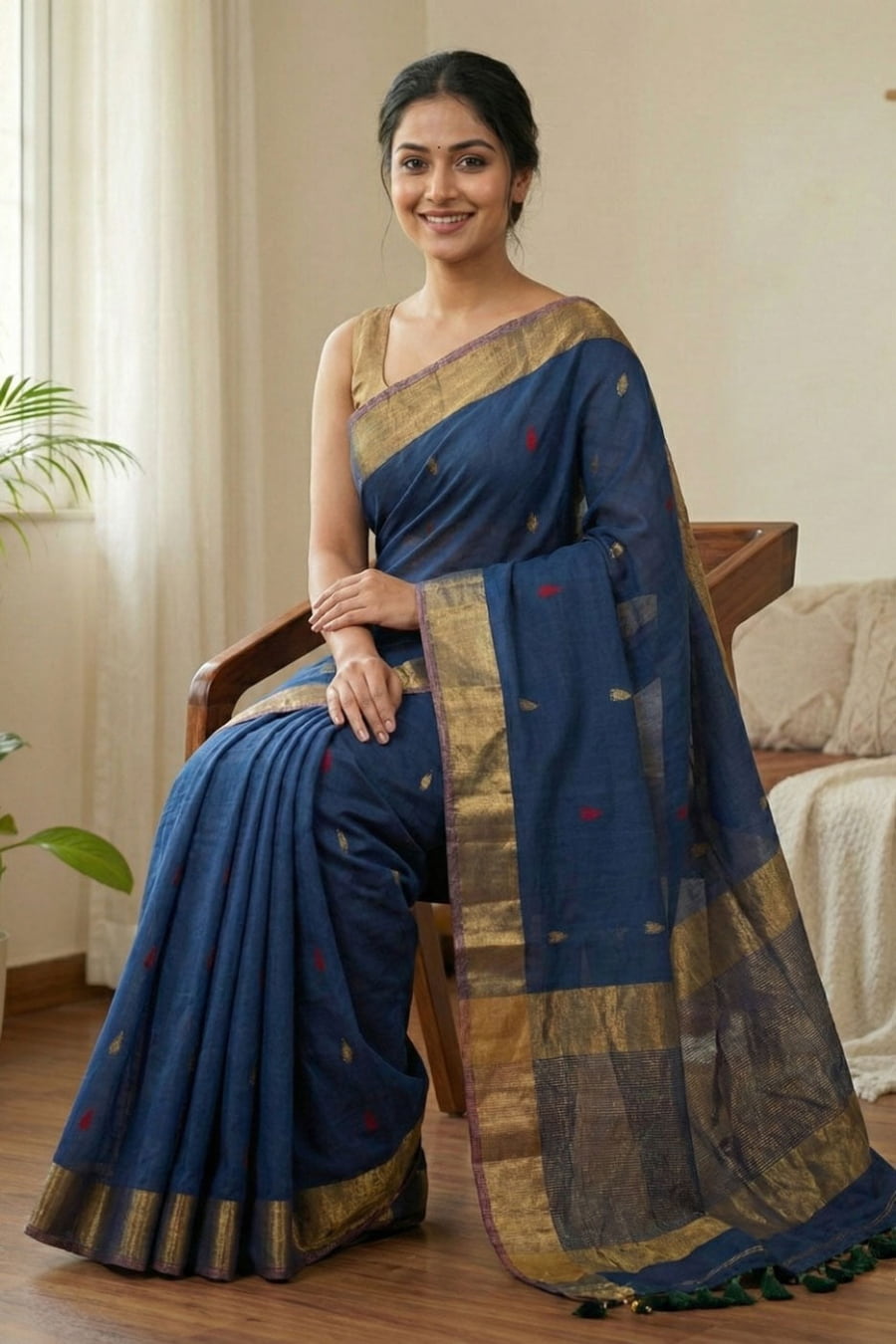 Navy blue cotton saree with small colourful triangle butties, copper zari pallu weaving and minimal golden border with tassels.For office wear and daily wear .