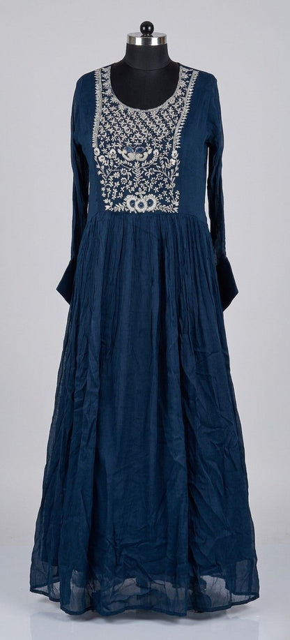 Elegant navy blue Anarkali with detailed embroidered bodice and soft flared silhouette, perfect for festive and formal wear