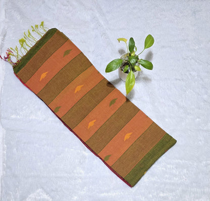 Olive green cotton saree showcasing triangle butti weaving, Ikat border pattern, contrast pallu and tassel finish. Perfect for daily wear