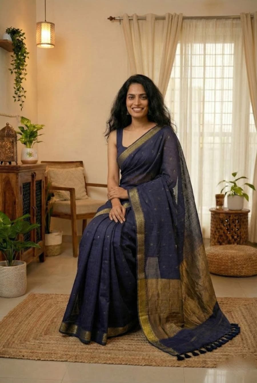 Pure indigo blue cotton saree all-over copper butti work copper zari pallu golden border festive ethnic wear