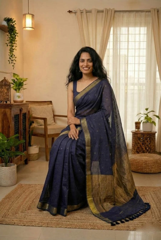 Pure indigo blue cotton saree all-over copper butti work copper zari pallu golden border festive ethnic wear