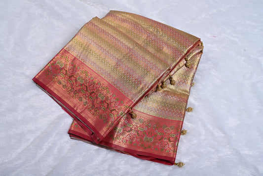 Golden Kanjivaram Silk Saree with Fancy Design and Pink Contrast Aari Work Blouse