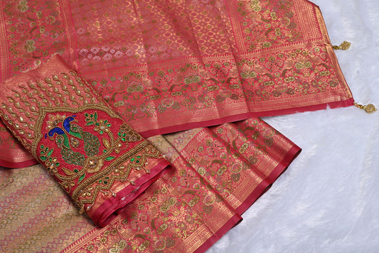 Golden Kanjivaram Silk Saree with Fancy Design and Pink Contrast Aari Work Blouse