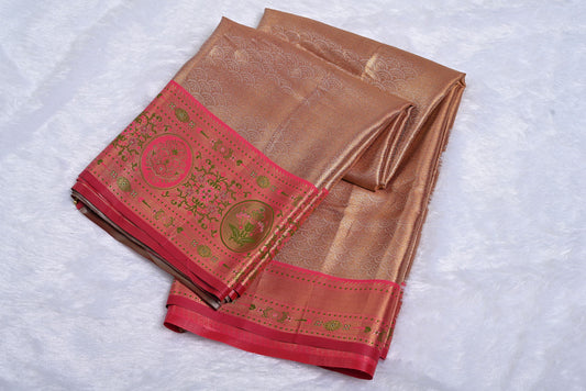 Golden Kanjivaram Silk Saree with Fancy Design and Red Contrast Aari Work Blouse