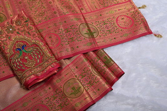 Golden Kanjivaram Silk Saree with Fancy Design and Red Contrast Aari Work Blouse