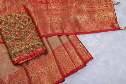 Golden Rani Kanjivaram Silk Saree with Fancy Design and Pink Contrast Aari Work Blouse