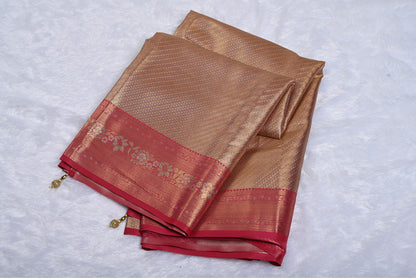 Golden Pink Kanjivaram Silk Saree with Fancy Minakari Border and Pink Contrast Aari Work Blouse