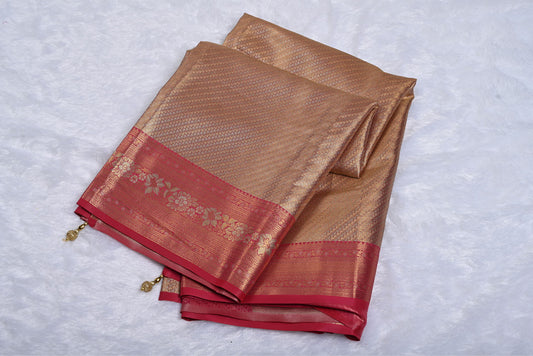 Golden Pink Kanjivaram Silk Saree with Fancy Minakari Border and Pink Contrast Aari Work Blouse