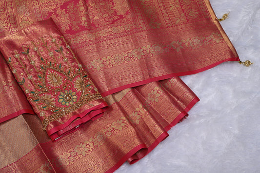 Golden Pink Kanjivaram Silk Saree with Fancy Minakari Border and Pink Contrast Aari Work Blouse