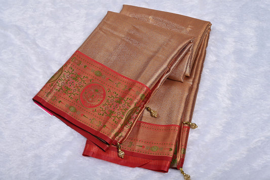 Golden Red Kanjivaram Silk Saree with Fancy Design and Red Contrast Aari Work Blouse