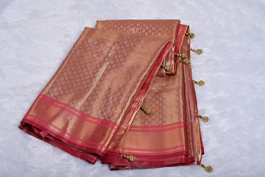 Golden Kanjivaram Silk Saree with Fancy Minakari Border and Red Contrast Aari Work Blouse