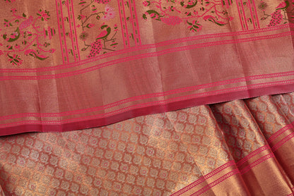 Golden Kanjivaram Silk Saree with Fancy Minakari Border and Red Contrast Aari Work Blouse