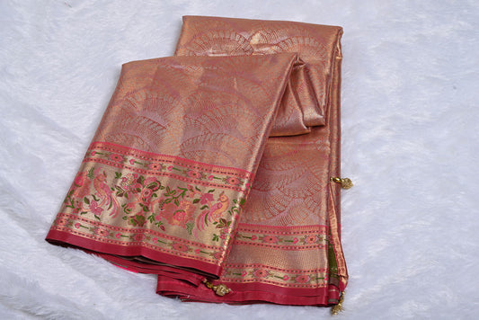 Golden Kanjivaram Silk Saree with Fancy Contrast Border and Red Contrast Aari Work Blouse
