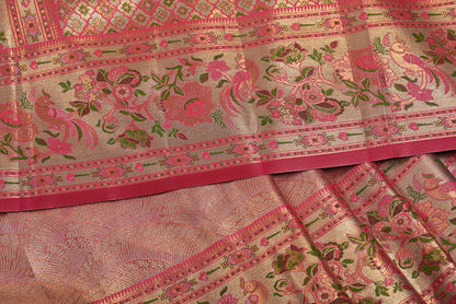 Golden Kanjivaram Silk Saree with Fancy Contrast Border and Red Contrast Aari Work Blouse