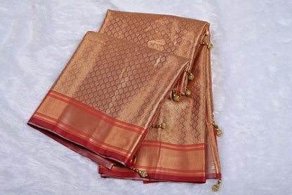 Golden Red Kanjivaram Silk Saree with Fancy Design and Contrast Border
