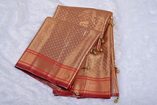 Golden Red Kanjivaram Silk Saree with Fancy Design and Contrast Border