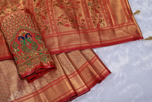 Golden Red Kanjivaram Silk Saree with Fancy Design and Contrast Border