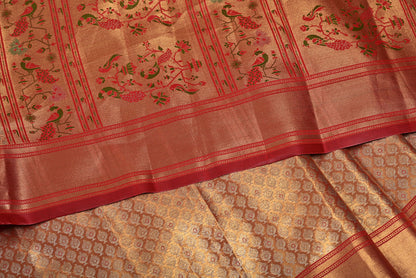 Golden Red Kanjivaram Silk Saree with Fancy Design and Contrast Border