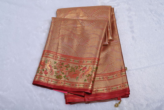 Golden Kanjivaram Silk Saree with Fancy Design and Minakari Border