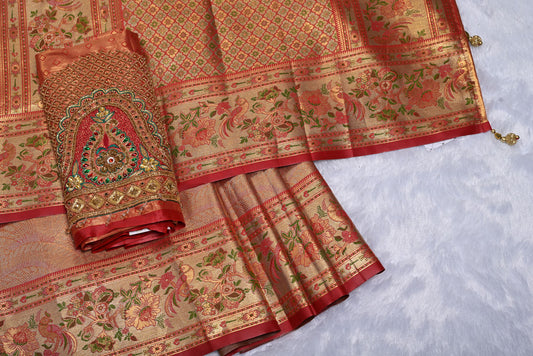 Golden Kanjivaram Silk Saree with Fancy Design and Minakari Border