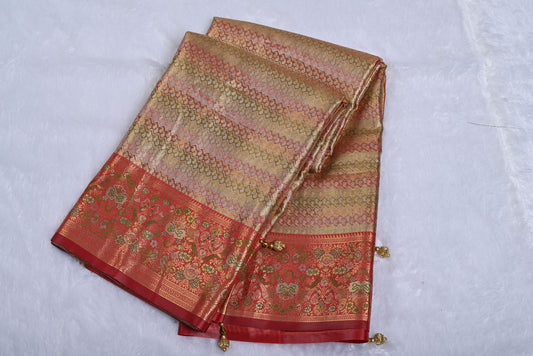 Golden Kanjivaram Silk Saree with Fancy Design and Contrast Border