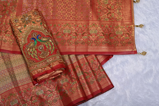Golden Kanjivaram Silk Saree with Fancy Design and Contrast Border